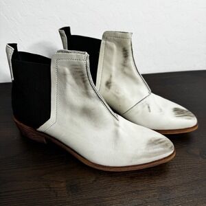 Free People Black White Leather Chelsea Ankle Horse Boots Women Sz 38 Distressed